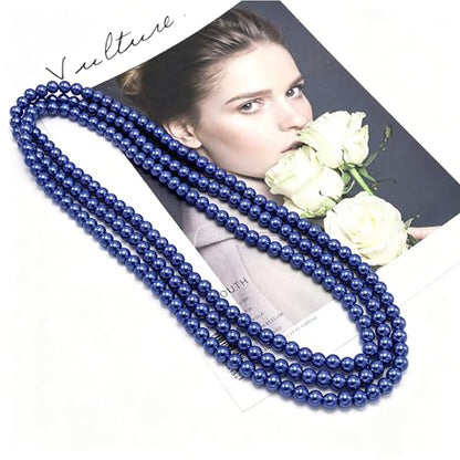 Long Pearl Necklaces for Women Cream White Faux Pearl Strand Layered Necklace Costume Jewelry - color: Navy Blue