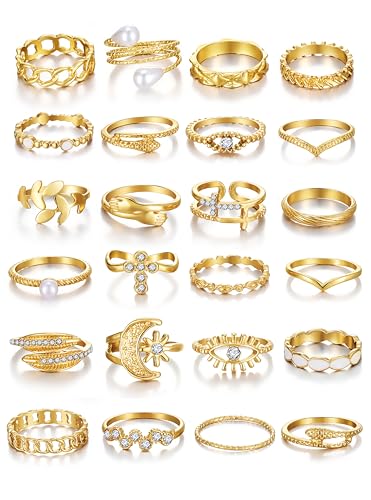 Golden Knuckle Rings Set for Women, 14k Golden Plated Open Stacking Knuckle Midi Rings Dainty Cubic Zirconia Crystal Simple Hollow Cute Rings Pack Jewelry Gifte - color: Golden 26PCS