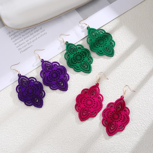 Boho Black Filigree Dangle Earrings for Women, Lightweight Hollow Lace Drop, Wood, 3.34" x 1.69", Bohemian Jewelry - color: Rose Red