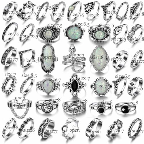 17IF Vintage Silver Knuckle Rings Set for Women Men, Chunky Boho Rings | Aesthetic Snake Grunge Stackable Gothic Ring Adjustable Y2K Punk Bulky Finger Alt of Rings, Stacking Flower Midi Ring Pack - style: 42
