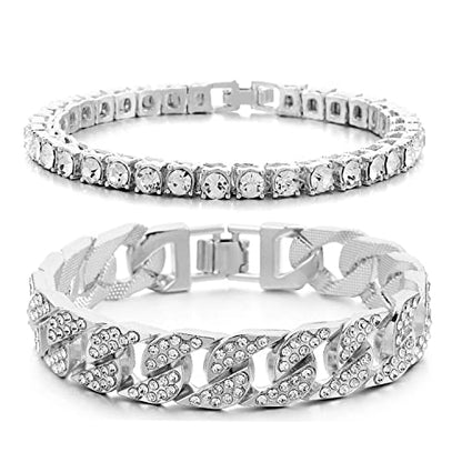 HH BLING EMPIRE 14K Gold and Silver Bracelets Diamond Tennis and Cuban Link Bracelet for Men Women Hip Hop Jewelry - color: Set B-Silver, size: 8.5"