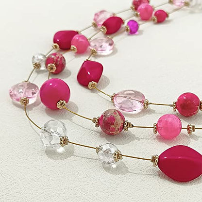 Coiris 3 Layers Illusion Wire Beaded Statement 19.5" Necklace for Women - color: N0005-Fuchsia Bud