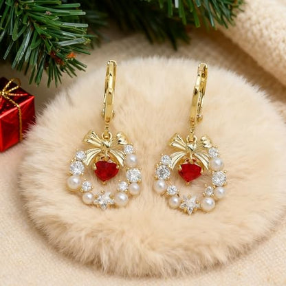 Sonateomber Christmas Tree Dangle Small Gold Hoop Earrings for Women, Cute Sparkly CZ Rhinestone Maple Clover Leaf Drop Earings Thanksgiving Holiday Accessories Fashion Jewelry Gift - color: Red Heart Wreath