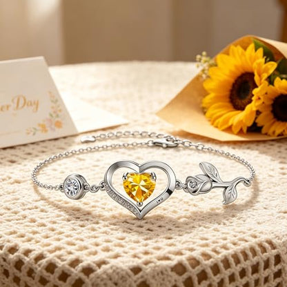 1CT Rose Heart Birthstone Bracelet for Women Love Gift - style: 11-Nov Yellow Silver