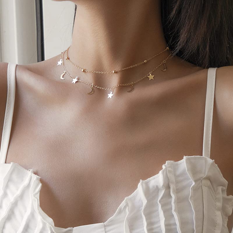 YANCHUN Layered Necklaces for Women Gold Necklace Stack Star Heart Choker Dainty Necklace Love Heart Chain Jewelry Gifts for Women - color: 2:Star moon 2pcs Gold