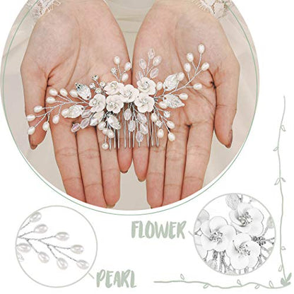 Unicra Flower Bride Wedding Hair Comb Leaf Silver Bridal Headpiece Pearl Hair Accessories Crystal Hair Piece Jewelry for Women (A Silver) - color: A Silver