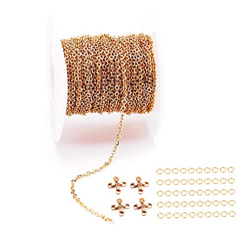 33FT 2.5mm 18K Gold Stainless Steel Flat Cable Chains for Jewelry Making | Versatile for Repairs Extensions or DIY Projects-Works with Pendants Beads and Charms Easily - color: Gold, size: Chain Width 2.5mm+20pcs Clasps+50 Rings