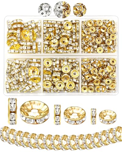 FIVEIZERO 300PCS Gold Rhinestone Rondelle Spacer Beads | 6/8/10mm Sizes, 1.5/2/2.5mm Holes, Secure Stones, Storage Box, For Beaded Pens, Bracelets, Necklaces, Earrings - color: Gold,6mm/8mm/10mm