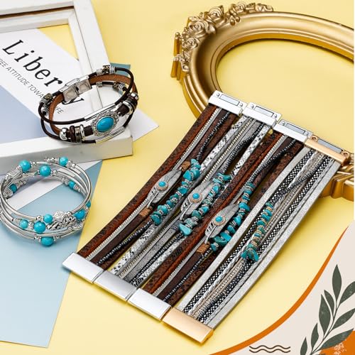 6 Pcs Turquoise Bracelet for Women Leather Bracelet Western Jewelry for Women Multilayer Boho Cuff Bangle Set - style: Classic