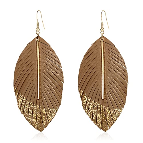 Bohemian Handmade Lightweight Color Large Genuine Soft Leather Fringe Feather Leaf Tear Dangle Drop Earrings for Women Statement - color: 2-Brown