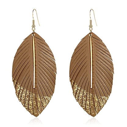 Bohemian Handmade Lightweight Color Large Genuine Soft Leather Fringe Feather Leaf Tear Dangle Drop Earrings for Women Statement - color: 2-Brown