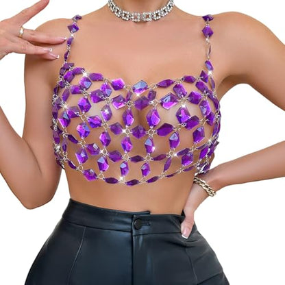 Rhinestones Body Chain Suit Silver Crystal Bikini Bra Underwear Sexy Sparkly Party Body Jewelry Accessories for Women - color: Purple