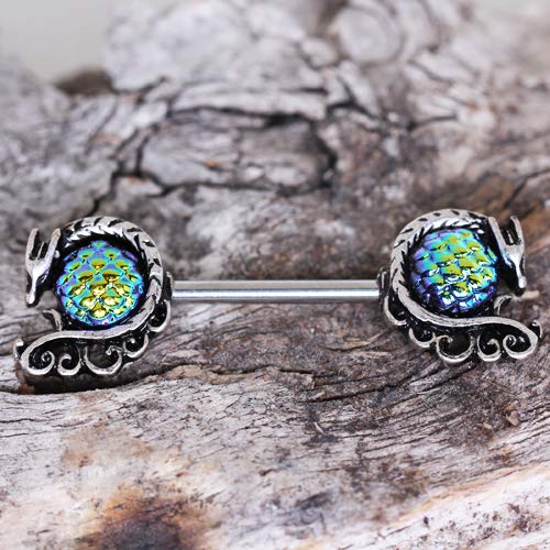 Pierced Owl 14GA 316L Stainless Steel Blue Green Cabochon Dragon Nipple Barbells, Sold as a Pair