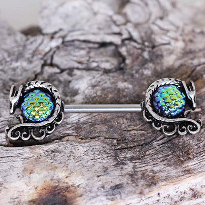 Pierced Owl 14GA 316L Stainless Steel Blue Green Cabochon Dragon Nipple Barbells, Sold as a Pair