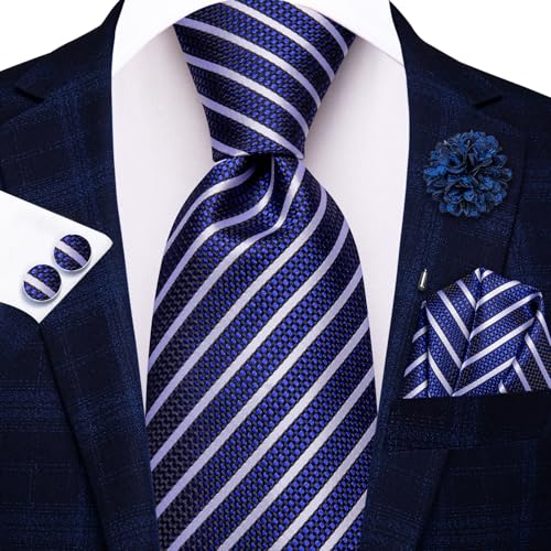 Hi-Tie Men's Silk Ties Formal Woven Classic Necktie Pocket Square Cufflinks Lapel Pin Set Wedding Business - color: A Royal Blue and White