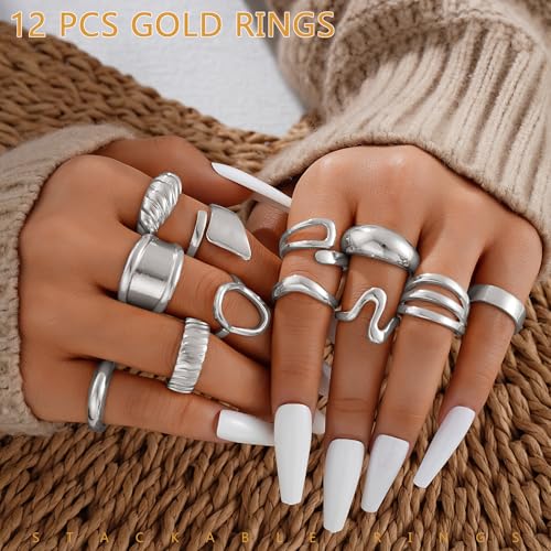 17 MILE Chunky Gold Stackable Rings for Women Non Tarnish, 18K Gold-Plated Statement Open Stacking Rings, Knuckle Band Ring Set - color: 12 Pcs Silver