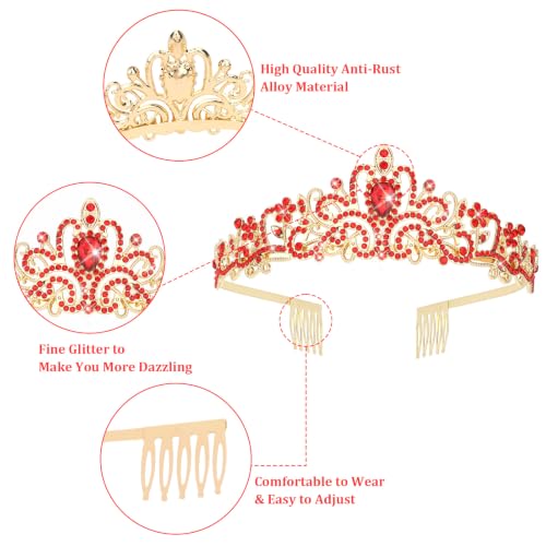 Gold Red Princess Crown Rhinestone Tiara for Bridal Pageant Crown with Hair Combs - color: Red