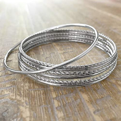 Loralyn Designs Thin Silver Stainless Steel Textured Bangle Bracelet Set of 7 - style: M - 8" Inner circumference