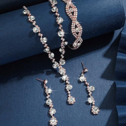 Prom Earrings Necklace Bracelet Set Elegant Crystal Rhinestone Necklace Earrings Bracelet Bridal Wedding Prom Dresses Costume Outfit Gold Jewelry Sets for Women - color: Rose Gold B