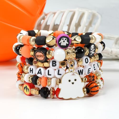 Ardorchid Halloween Bracelets for Women Pumpkin Ghost Steleton Bat Skull Beaded Stackable Stretchy Bracelet Rugby Thanksgiving Christmas Heishi Bracelets - color: Halloween Bracelet -4