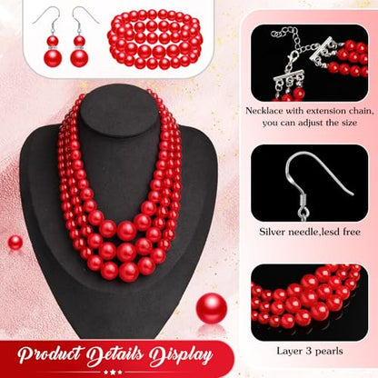 Haysandy Pearl Jewelry Set for Women 20s Jewelry Gift | Retro Layered Necklace Bracelet Earring, Costume Accessories for Derby Wedding Prom Party, Dress Matching Occasions - color: Red