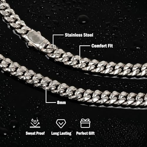 Hip Hop 18K Gold Cuban Link Chain for Men, 8mm Miami Cuban Necklace 316L Stainless Steel, Gold & Silver Available, Quick Lock Button Clasp, Anti-Tarnish Skin Friendly Mens Jewelry Gifts, 18-24" - color: Silver-8mm