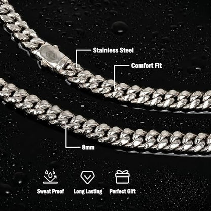 Hip Hop 18K Gold Cuban Link Chain for Men, 8mm Miami Cuban Necklace 316L Stainless Steel, Gold & Silver Available, Quick Lock Button Clasp, Anti-Tarnish Skin Friendly Mens Jewelry Gifts, 18-24" - color: Silver-8mm