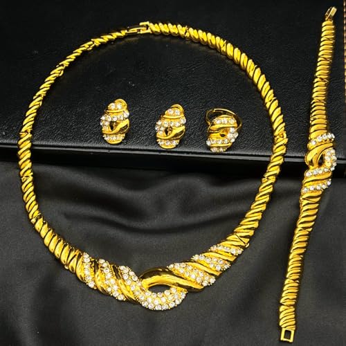 Fashion Crystal Jewelry Set For Women 18 K Gold Plated Jewelry Wedding Bride Dubai Gold Necklace Earrings Bracelet Ring 4 Pieces Set - color: S-708