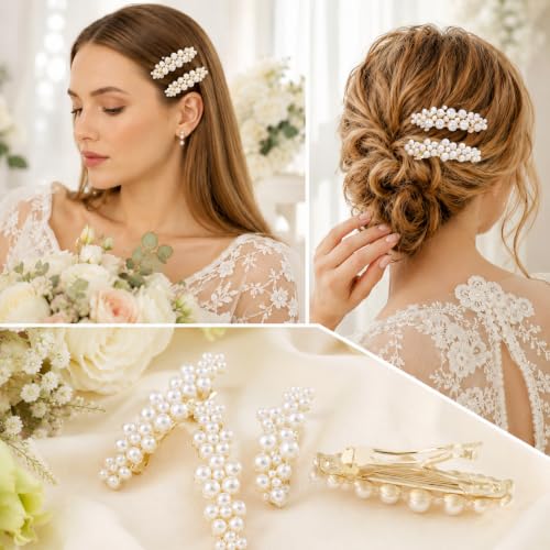 4PCS Pearl French Barrettes for Wedding, Bridal Prom | Elegant pearl hair clips| dainty accessory for women & girls |secure grip, all-day hold| ideal for birthday