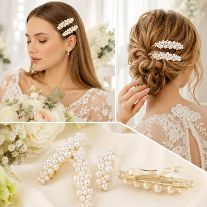 4PCS Pearl French Barrettes for Wedding, Bridal Prom | Elegant pearl hair clips| dainty accessory for women & girls |secure grip, all-day hold| ideal for birthday