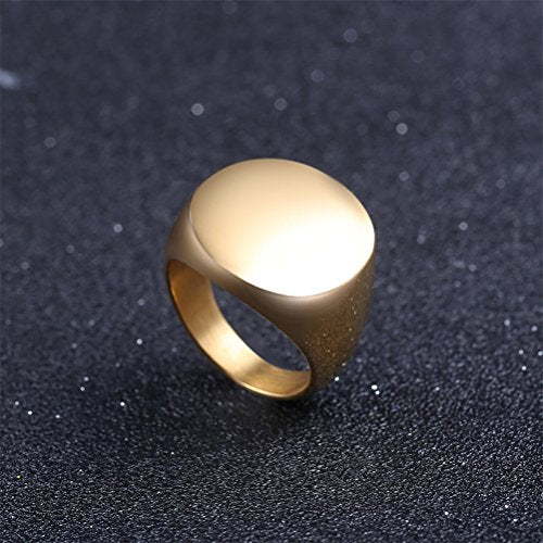 HIJONES Mens Stainless Steel Signet Ring Matte Brushed Square | Simple Statement ,Wedding Band,Polished Round - color: 22mm-Gold
