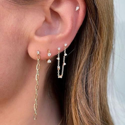 Zircons Stud Earrings For Women Double Studs Chain Tassel Piercing Earring 18K Gold Plated Cartilage Cubic Zirconia Two Hole Wedding Climber Crawler Wrap Earrings Threader Dangle Eternity Gift Mom Bff - color: Gold