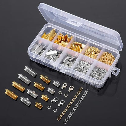 373 Pcs Ribbon Bracelet Kit for Jewelry Making, Ribbon End Crimps, Ribbons Ends Crimps Open Jump Rings Lobster Clasps and Chain Extenders, Bookmark Pinch, Choker Necklace