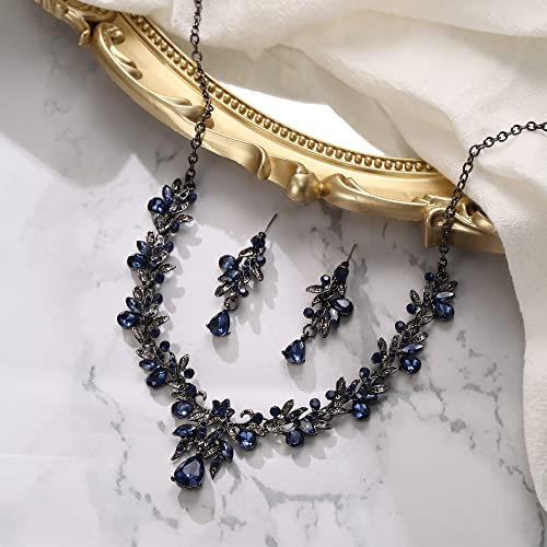 Women's Wedding Jewelry Set Leaf Flower for Bridal Prom Party | Stunning Crystal Teardrop Marquise Cluster Pendant Necklace Dangle Earrings Set for Bride Bridesmaid - color: 06-Sapphire Color Black-Tone