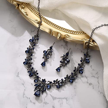 Women's Wedding Jewelry Set Leaf Flower for Bridal Prom Party | Stunning Crystal Teardrop Marquise Cluster Pendant Necklace Dangle Earrings Set for Bride Bridesmaid - color: 06-Sapphire Color Black-Tone