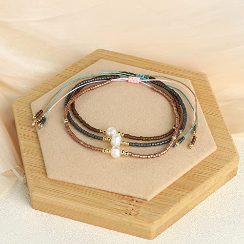 KELITCH 3 PCS Natural Pearls Bracelets Women Strand Thin Rope Friendship Bracelets Handmade Stack Charm Bracelets - color: 02I