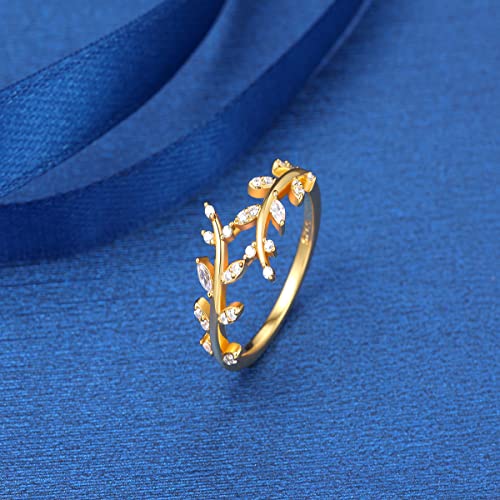 Olive Branch Ring for Women 925 Sterling Silver 14K Gold plated thin Paved CZ Cubic Zirconia Thumb Pinky Wrap Around leaf Ring Promise Stackbale Band Size 5-10 - color: 14K Gold