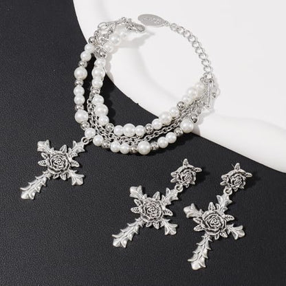 Bocar Gothic Cross Layered Pearl Necklace Chunky Statement Stacked Necklace Y2K Silver Layered Necklace for Women (NK-10769) - color: 799-White Set