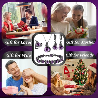 Jewelry Set for Women Teardrop Earrings Necklace Ring Bracelet Set Party Wedding Jewelry Gift for Mother Wife Friend - color: Black Gun-Purple