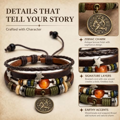 Zodiac Bracelet for Men Women, Adjustable Faux Leather Braided Wrap Bracelet with Vintage Astrology Charm, Gift Jewelry - style: Sagittarius