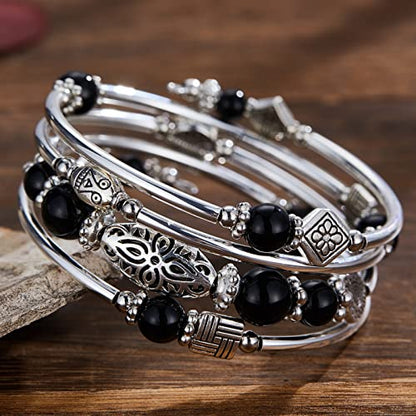 BULINLIN Layered Wrap Bangle Turquoise Bracelet - Bead Bracelet with Natural Agate Stone, Gifts For Women - color: 03-Black