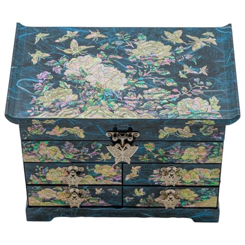 February Mountain Mother of Pearl Wooden Jewelry Organizer Box – Jewelry Storage Box for Women, Features Spacious Drawers, Ideal for Rings, Bracelets, Watches, Chains, Accessories (Peony_Blue) - style: Peony_Blue
