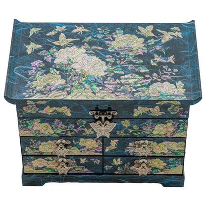 February Mountain Mother of Pearl Wooden Jewelry Organizer Box – Jewelry Storage Box for Women, Features Spacious Drawers, Ideal for Rings, Bracelets, Watches, Chains, Accessories (Peony_Blue) - style: Peony_Blue