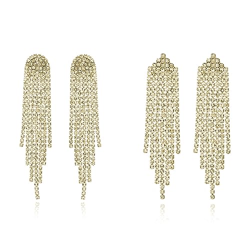Luxval Rhinestone Earrings Dangling for Women Sparkly Silver Dangle Earrings Girls Long Chandelier Earrings Tassel Lightweight Ear Studs Cubic Zirconia Crystal Statement - color: Gold-2Pairs Tassel Sets