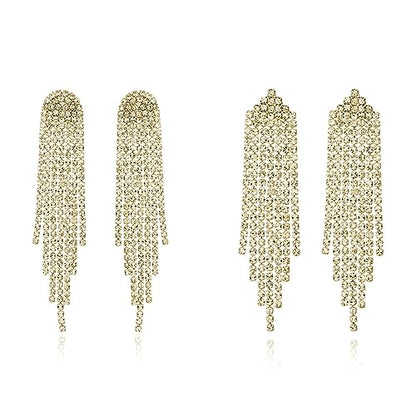 Luxval Rhinestone Earrings Dangling for Women Sparkly Silver Dangle Earrings Girls Long Chandelier Earrings Tassel Lightweight Ear Studs Cubic Zirconia Crystal Statement - color: Gold-2Pairs Tassel Sets