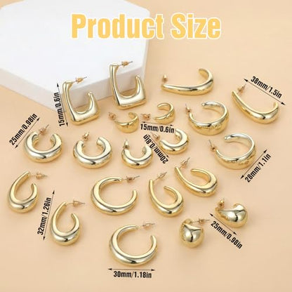 10 Pairs Chunky Gold Earrings for Women, Gold Hoop Earrings for Women | Chunky, Lightweight Thick Hoops Earring, Trendy Jewelry Gift