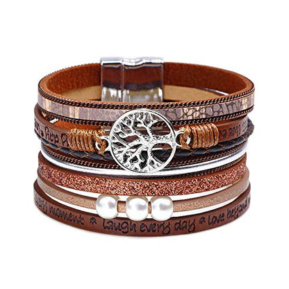 Fesciory Leather Wrap Bracelets for Women, Boho Western Layered Jewelry | Layered leather cuff bracelets, Easy on and off, Boho western style, Daily wear, Gift for women - color: Brown 3