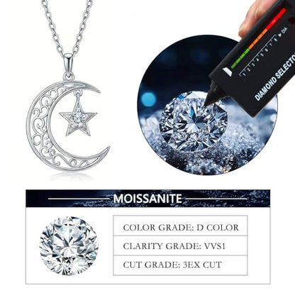 Moissanite Moon and Star Necklace 925 Silver Birthstone Gifts for Women | Sterling Silver Sun and Moon Pendant Elegant Jewelry Birthday Gifts for Wife Mom - color: A2:Moon and Star-Moissanite