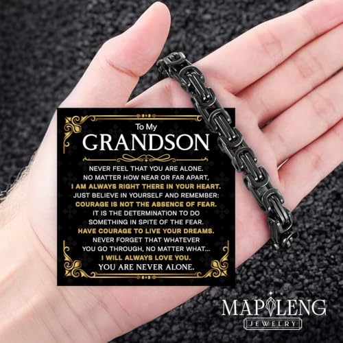 Grandson Gifts from Grandma Grandpa, Black Stainless Steel Bracelet with Meaningful Message Card, Birthday Gift for Grandson, Graduation Christmas Gift, Inspirational Keepsake Jewelry for Men - color: Grandson #3