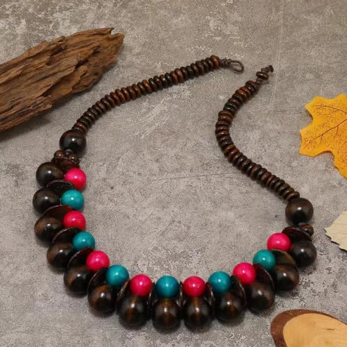 COLORFUL BLING Ethnic Large Chunky Wooden Beaded Necklaces Boho African Statement Necklace Handmade Tribal Collar Choker Bib Jewelry - color: joint brown mix